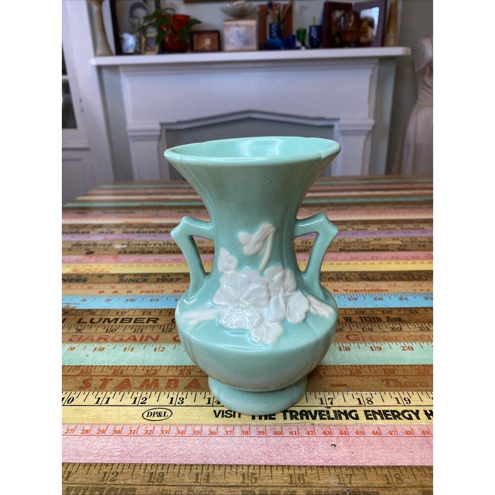 Vtg Weller Pottery Vase Double Handle Blue Floral Bouquet 30s Art Deco Nouveau